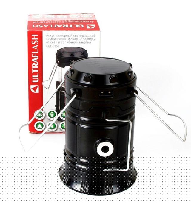 Фонарь аккумуляторный LED5156 220В солн. пан USB кемп 1/6 LED 4В 350мА.ч пласт. черн. Ultraflash 14334