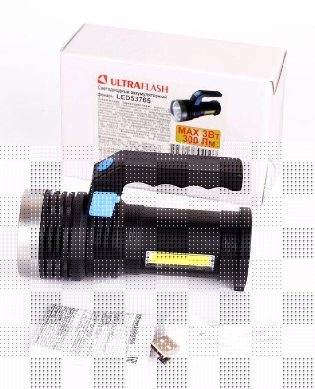 Фонарь аккумуляторный LED53765 2LED 3Вт 4 режима USB аккум. 4В черн. (бокс) Ultraflash 14665
