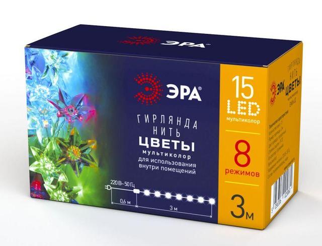Гирлянда светодиодная "Нить Цветы" 3м 15LED 8 режимов 220В IP20 мультиколор ЭРА Б0041896