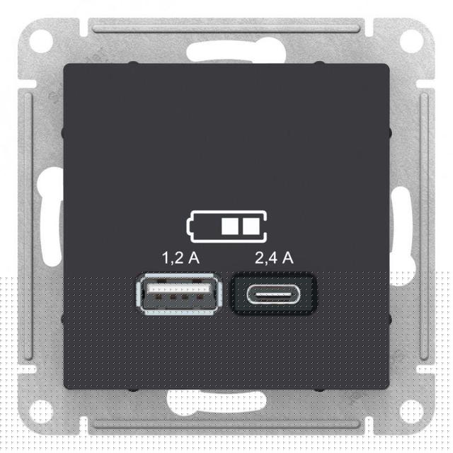 Розетка USB AtlasDesign тип A+C 5В/2.4А 2х5В/1.2А механизм карбон SE ATN001039