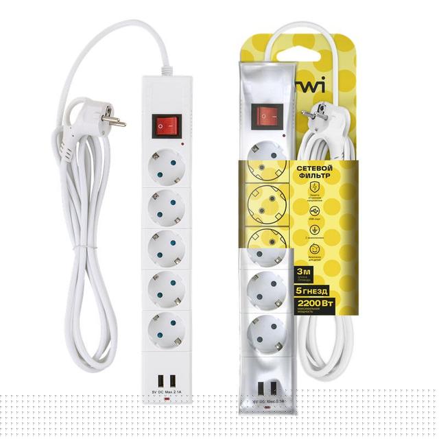 Фильтр сетевой 5х3м с/з со шторками ПВС 3 IP075 2USB 2200Вт 10А бел. Duwi 32592 5