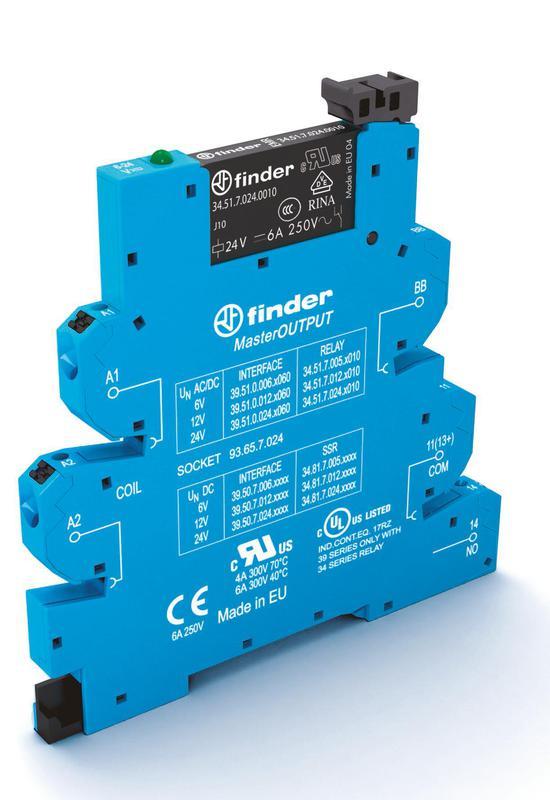 Модуль интерфейсный (сборка 34.51.7.024.0010 + 93.65.7.024) электромеханич. реле MasterOUTPUT 1NO 6A 24В AC/DC IP20 безвинт. клеммы Push-in (уп.10шт) Finder 395100240060